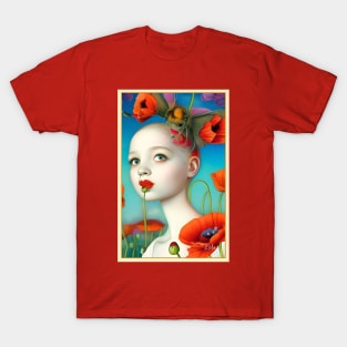 Pop Surrealism Painting of flowers California Poppy girl botanical floral poppies T-Shirt